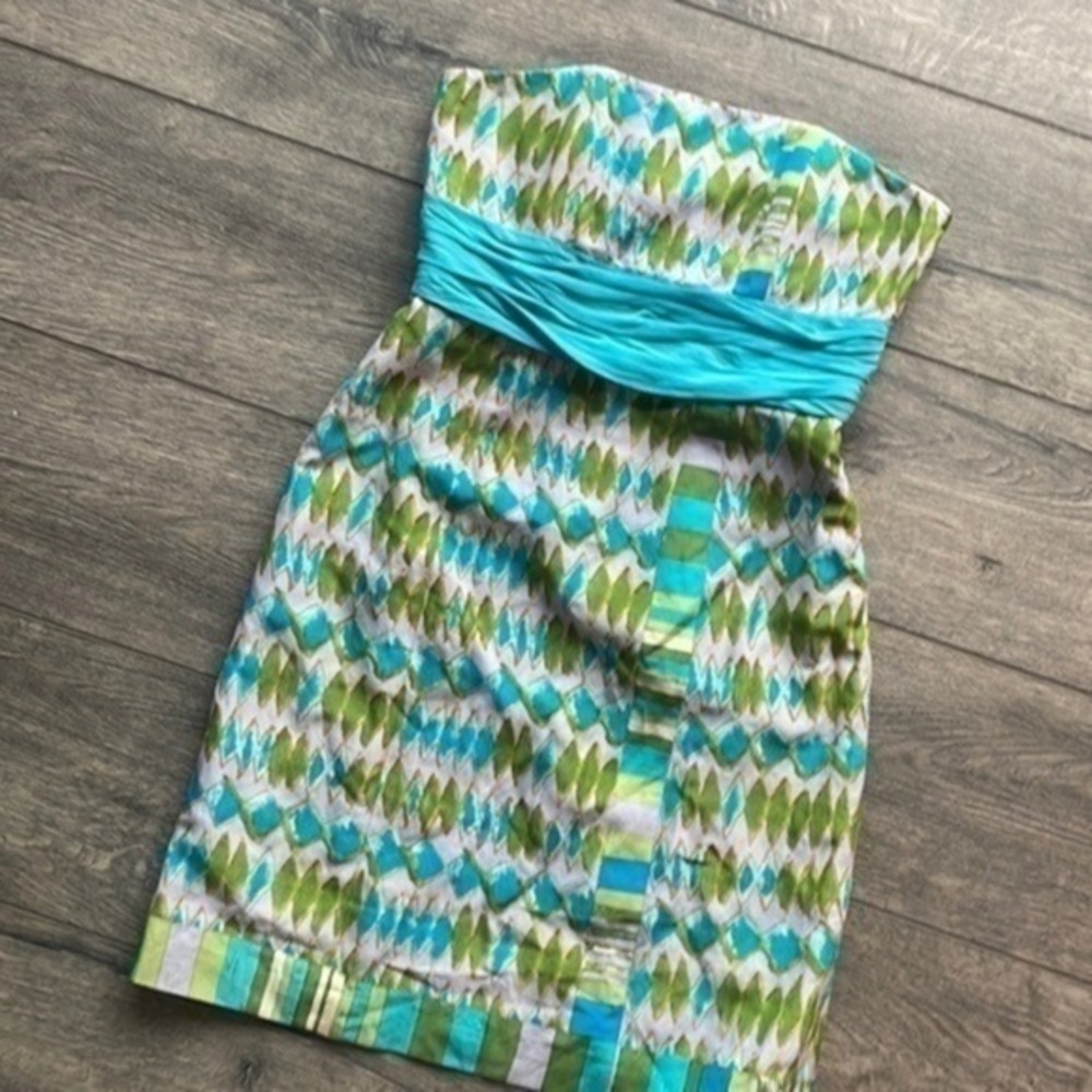 Anthropologie dress ”Pretty Frock"  Silk and Linen blues & greens size 4